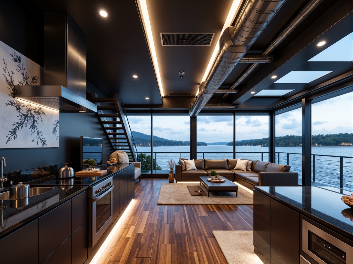 Prompt: Luxurious boathouse interior, high-tech gadgets, sleek metallic accents, polished wooden floors, floor-to-ceiling windows, panoramic lake views, minimalist decor, futuristic lighting systems, ambient LED illumination, ergonomic furniture, premium leather upholstery, nautical-themed accessories, abstract artwork, glass staircase, open-plan living area, state-of-the-art kitchen appliances, induction cooktop, high-gloss countertops, matte black cabinets, industrial-chic pipes, exposed ductwork, dramatic ceiling heights, 1/1 composition, softbox lighting, realistic reflections.