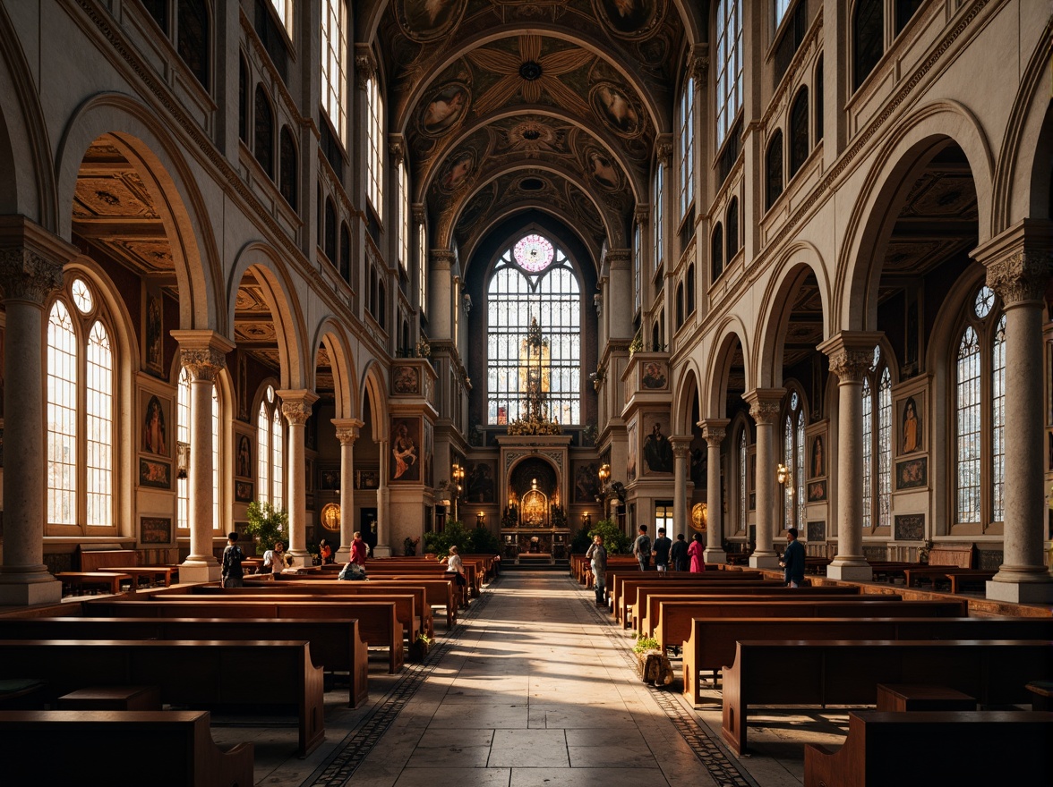 Prompt: Intricate stone carvings, ornate wooden pews, stained glass windows, grandiose vaulted ceilings, ribbed arches, Gothic-inspired columns, lavish frescoes, ornamental metalwork, intricate mosaics, subtle warm lighting, soft focus, shallow depth of field, 1/2 composition, symmetrical framing, richly patterned textiles, luxurious velvet drapes, polished marble floors, ornate golden accents, mystical ambiance, serene atmosphere.