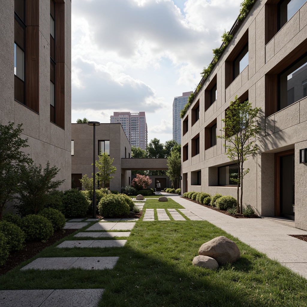 Prompt: Rustic stone walls, smooth wooden accents, rough concrete textures, sleek metal frames, vibrant green roofs, modern brutalist architecture, industrial chic aesthetic, urban cityscape, cloudy grey sky, dramatic shadow play, high contrast lighting, 1/1 composition, symmetrical balance, abstract geometric patterns, bold color blocking, rich materiality, ambient occlusion.