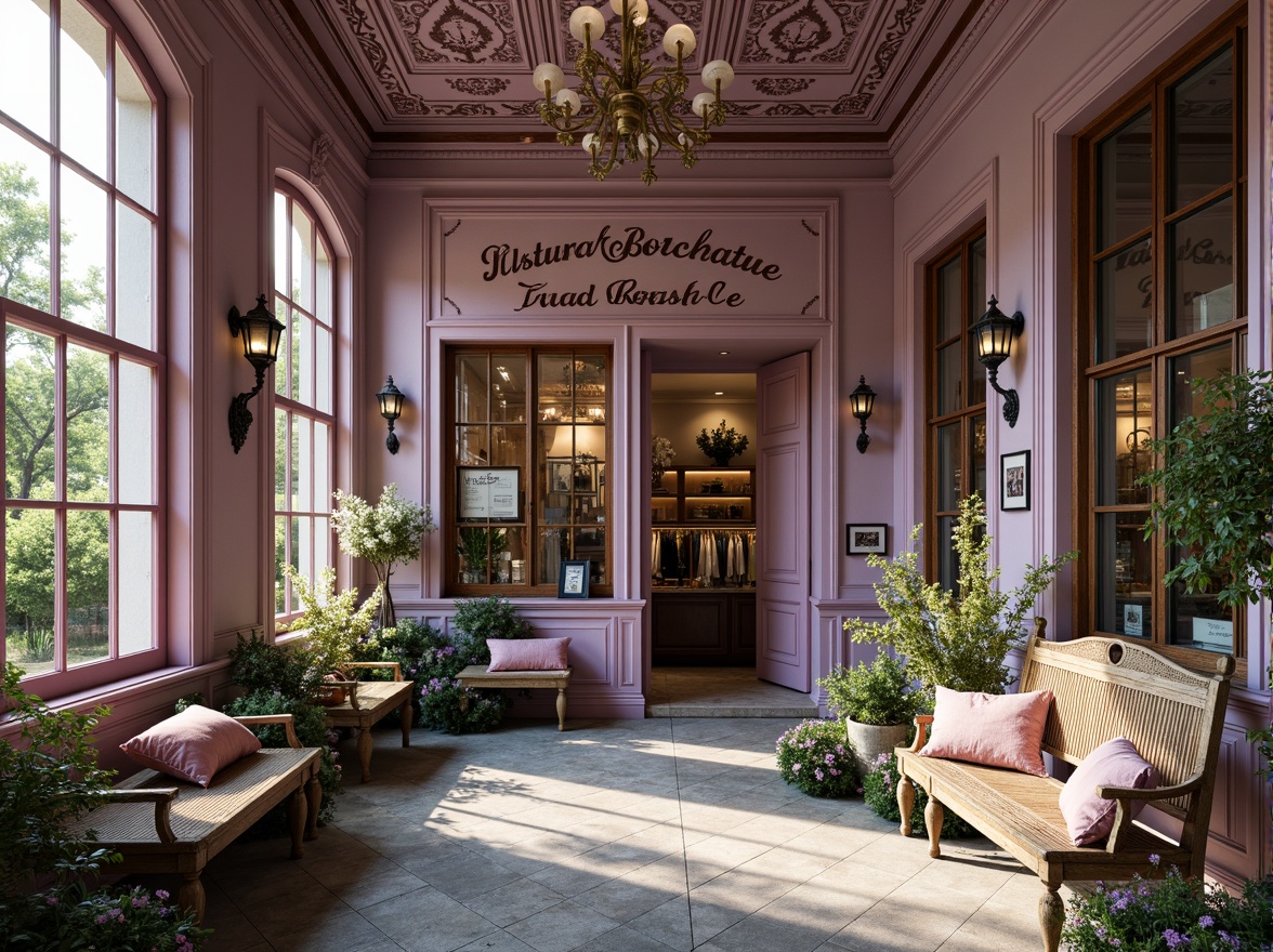 Prompt: Whimsical lilac-hued boutique, ornate Victorian architecture, delicate filigree details, soft pastel colors, romantic florals, lush greenery, vintage garden benches, distressed wooden accents, antique bronze fixtures, warm golden lighting, shallow depth of field, 1/1 composition, intimate close-up shots, realistic textures, ambient occlusion.