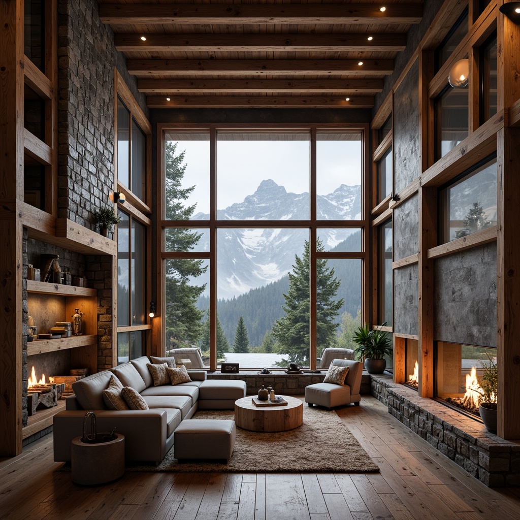 Prompt: Rustic mountain lodge, wooden accents, natural stone walls, earthy color palette, cozy fireplaces, warm ambient lighting, plush furnishings, reclaimed wood floors, metal roofing, industrial-chic decor, modern minimalist design, floor-to-ceiling windows, breathtaking mountain views, snow-capped peaks, misty atmosphere, soft focus, shallow depth of field, 1/2 composition, cinematic mood, realistic textures, subtle color grading.