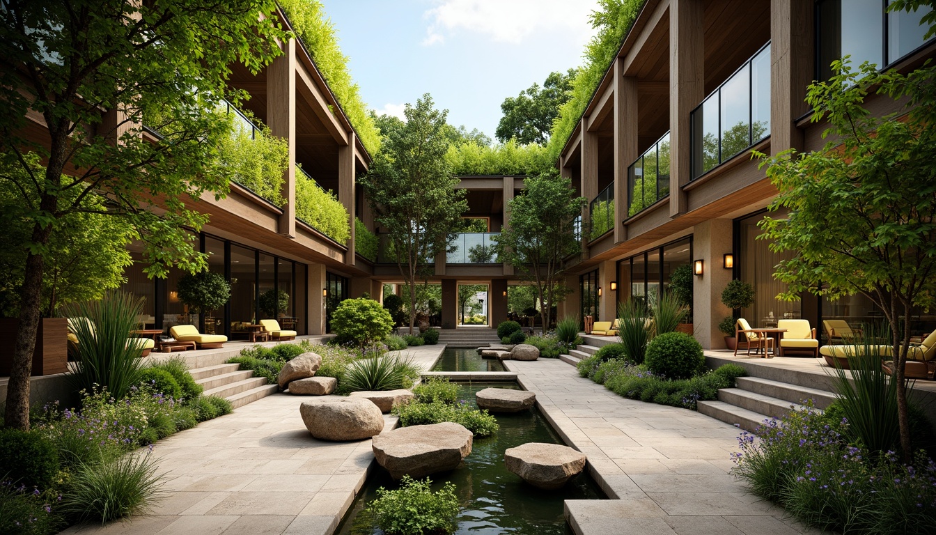 Prompt: Lush green walls, natural stone floors, reclaimed wood accents, living roofs, verdant courtyards, organic shapes, curved lines, earthy tones, abundant daylight, clerestory windows, skylights, solar tubes, bioluminescent lighting, water features, koi ponds, green screens, trellises, vines, botanical patterns, natural ventilation systems, passive design strategies, sustainable building materials, eco-friendly furnishings, serene ambiance, soft warm lighting, shallow depth of field, 3/4 composition, panoramic view, realistic textures, ambient occlusion.