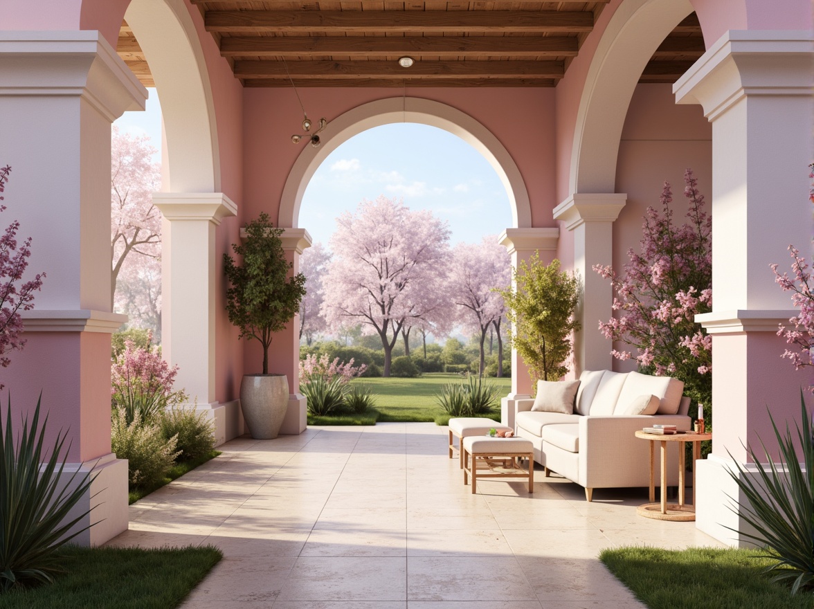 Prompt: Soft lilac hues, pastel pink undertones, creamy whites, warm beige accents, rich wood textures, natural stone floors, elegant archways, ornate metal fixtures, lush greenery, blooming flowers, serene atmosphere, soft warm lighting, shallow depth of field, 3/4 composition, realistic textures, ambient occlusion.