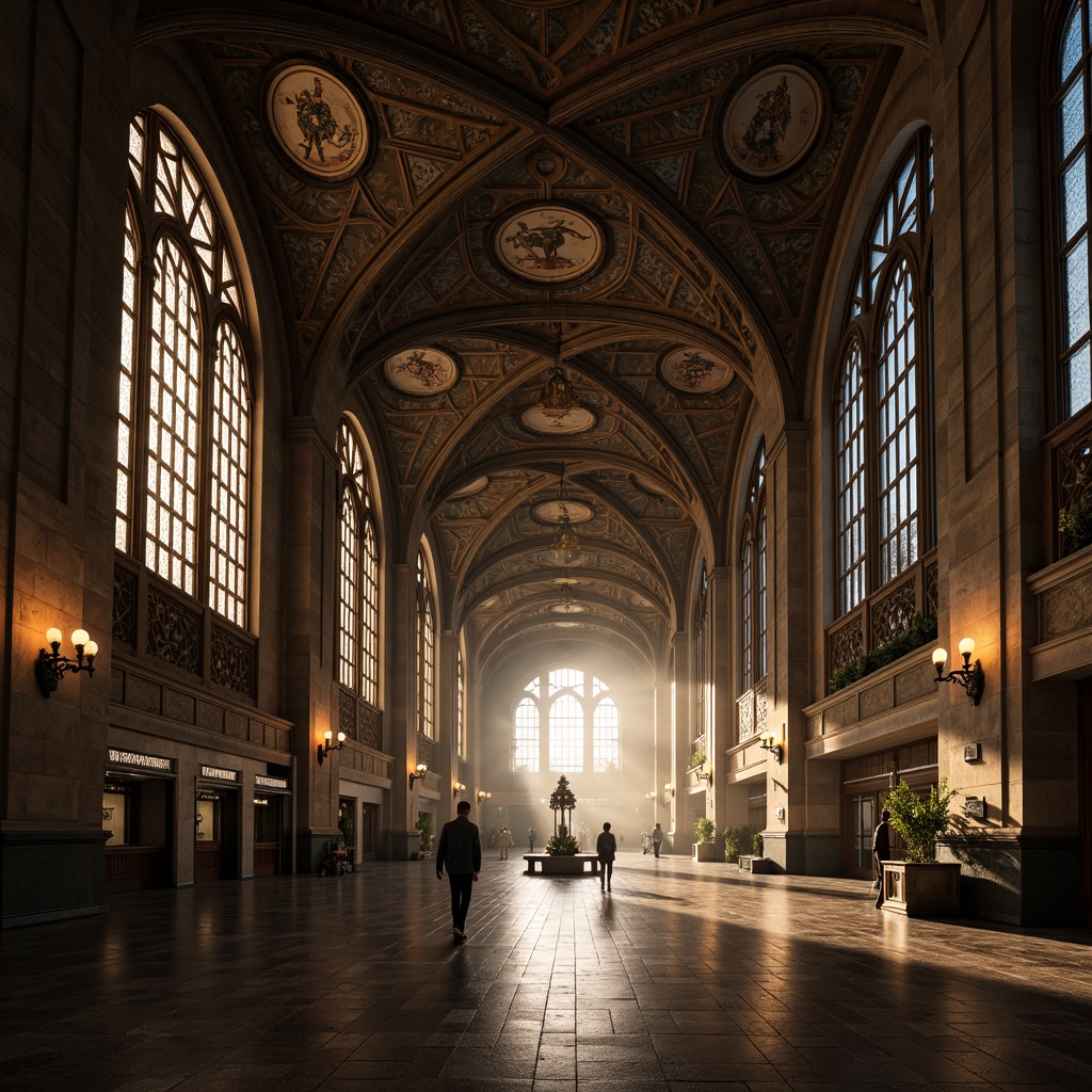 Prompt: Grandiose metro station, vaulted ceilings, ribbed arches, ornate carvings, stained glass windows, intricate mosaics, dark stone walls, polished marble floors, metallic accents, industrial lighting fixtures, dramatic shadows, warm golden illumination, atmospheric fog effects, cinematic composition, symmetrical framing, rich textures, detailed normal maps.