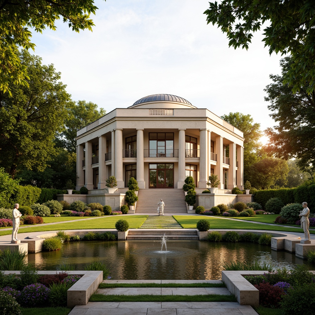 Prompt: Elegant concert house, neoclassical architecture, grand entrance, ornate columns, symmetrical facade, manicured lawns, vibrant flower beds, sculpted hedges, meandering walkways, natural stone pathways, classical statues, tranquil ponds, serene fountains, lush greenery, warm golden lighting, shallow depth of field, 3/4 composition, panoramic view, realistic textures, ambient occlusion.