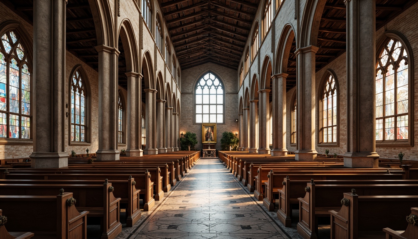 Prompt: Intricate stone carvings, ornate wooden pews, stained glass windows, grandiose vaulted ceilings, rustic brick walls, weathered copper roofing, intricate marble flooring, lavish golden ornaments, mystical ambiance, soft warm lighting, dramatic shadows, 1/1 composition, symmetrical framing, realistic textures, ambient occlusion, fusion of modern minimalism and ancient Gothic Revival styles.