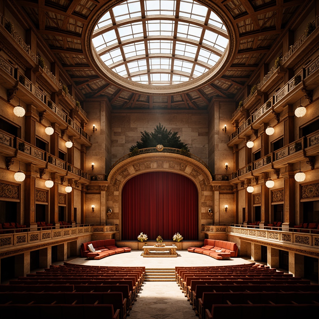 Prompt: Grand opera house, sweeping curves, ornate details, rich wood tones, velvet drapes, golden accents, majestic chandeliers, natural stone walls, grand staircase, intricate carvings, soft warm lighting, diffused sunlight, clerestory windows, high ceilings, dramatic shadows, 1/1 composition, symmetrical framing, realistic textures, ambient occlusion.