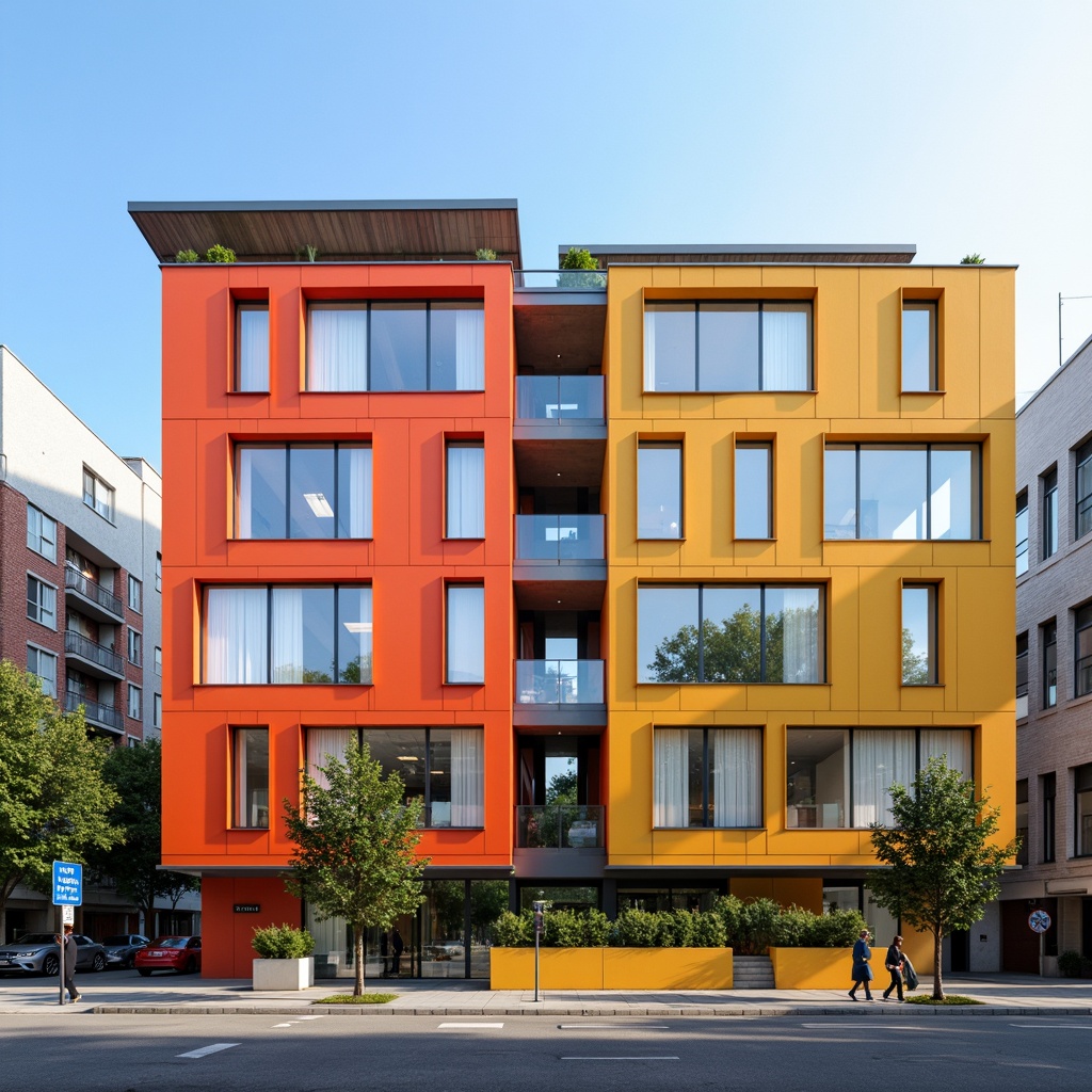 Prompt: Geometric middle school facade, bold primary colors, rectangular windows, flat roofs, industrial materials, exposed ductwork, minimalist ornamentation, functional simplicity, clean lines, rectangular columns, cantilevered staircases, asymmetrical compositions, natural light-filled classrooms, collaborative learning spaces, flexible modular furniture, educational signage, urban cityscape background, morning sunlight, soft shadows, 1/1 composition, realistic textures, ambient occlusion.