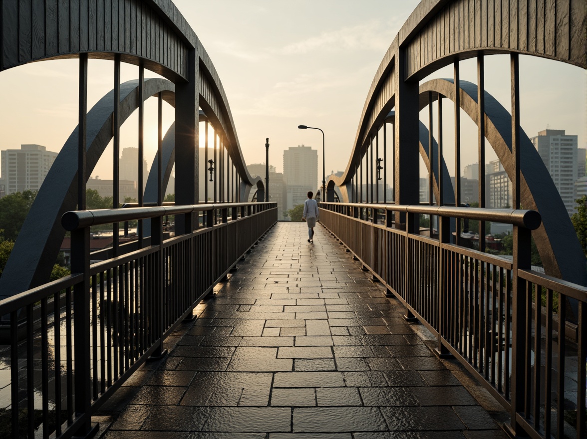 Prompt: Art Deco bridge, ornate metal railings, symmetrical arches, geometric patterns, chevron motifs, zigzag designs, metallic luster, urban cityscape, misty morning light, soft warm glow, shallow depth of field, 1/2 composition, realistic textures, ambient occlusion.