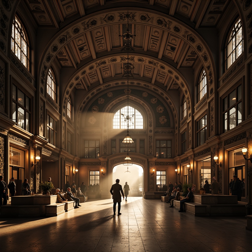 Prompt: Grandiose metro station, vaulted ceilings, ribbed arches, ornate carvings, stained glass windows, intricate mosaics, dark stone walls, polished marble floors, metallic accents, industrial lighting fixtures, dramatic shadows, warm golden illumination, atmospheric fog effects, cinematic composition, symmetrical framing, rich textures, detailed normal maps.