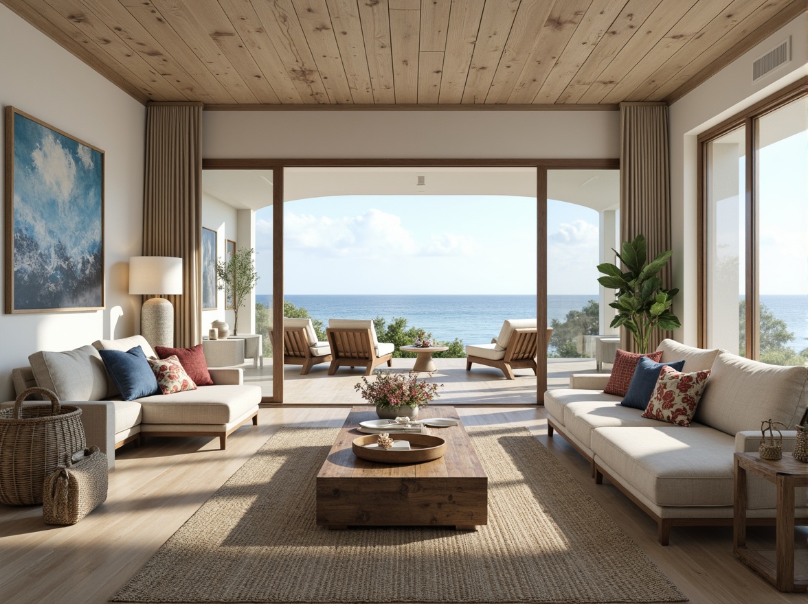 Prompt: Coastal living room, ocean-inspired color palette, driftwood accents, natural textiles, woven sea grass rugs, coral-patterned throw pillows, nautical-themed decorative objects, floor-to-ceiling windows, sliding glass doors, beachy vibe, soft warm lighting, shallow depth of field, 3/4 composition, panoramic view, realistic textures, ambient occlusion, modern minimalist furniture, reclaimed wood coffee table, comfortable linen sofas, ocean-breeze sound effects.