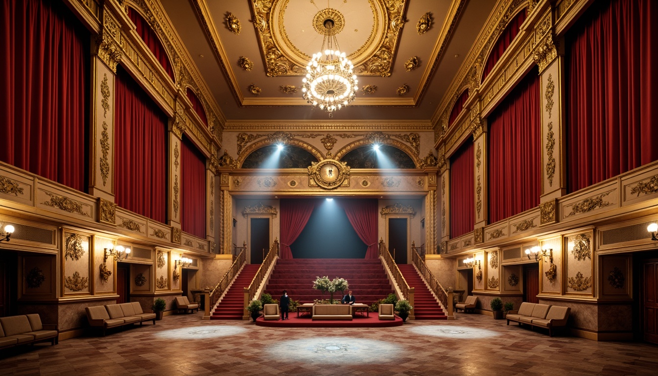 Prompt: Grandiose opera house, ornate golden details, crimson velvet curtains, majestic chandeliers, intricate moldings, marble floors, sweeping staircases, lavish furnishings, rich tapestries, dramatic spotlights, warm ambient lighting, shallow depth of field, 1/1 composition, symmetrical framing, opulent textures, subtle color grading.