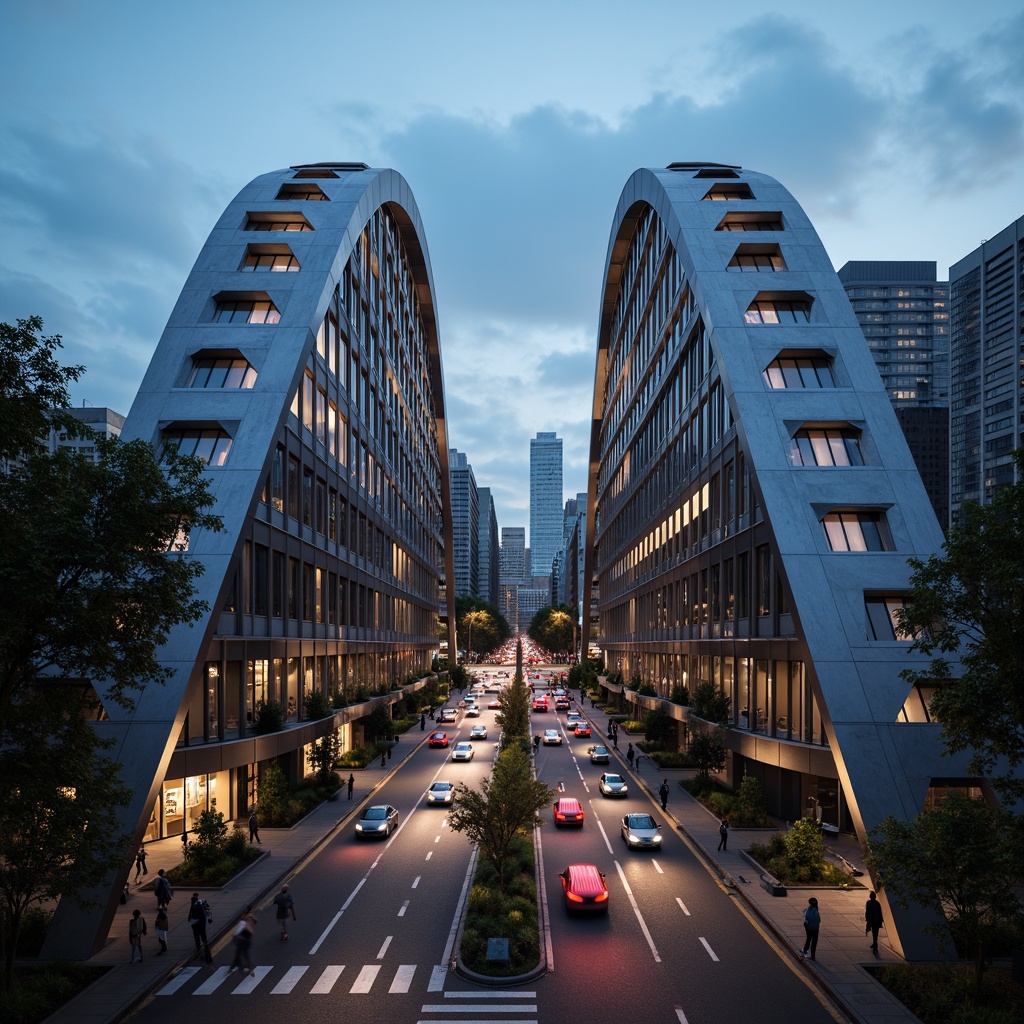 Prompt: Curved bridge silhouette, dynamic sculptural forms, metallic materials, reflective surfaces, urban cityscape, busy traffic flow, pedestrian walkways, cyclist paths, modern architectural style, abstract geometric patterns, LED lighting systems, nighttime illumination, misty atmospheric effects, shallow depth of field, 1/1 composition, symmetrical framing, realistic textures, ambient occlusion.