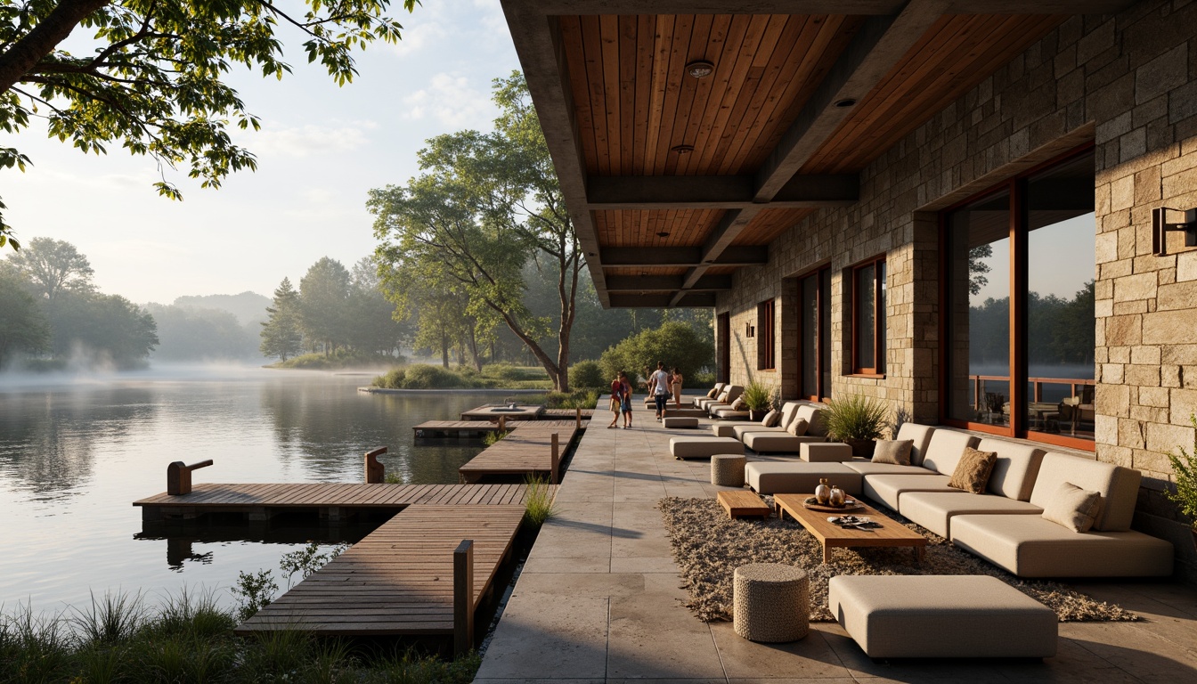 Prompt: Rustic boathouse, brutalist architecture, rugged stone walls, wooden accents, natural materials, earthy tones, waterfront location, serene lake views, surrounding foliage, overhanging trees, weathered wood docks, nautical elements, industrial chic decor, exposed ductwork, concrete floors, metal beams, floor-to-ceiling windows, soft warm lighting, misty morning atmosphere, shallow depth of field, 2/3 composition, realistic textures, ambient occlusion.