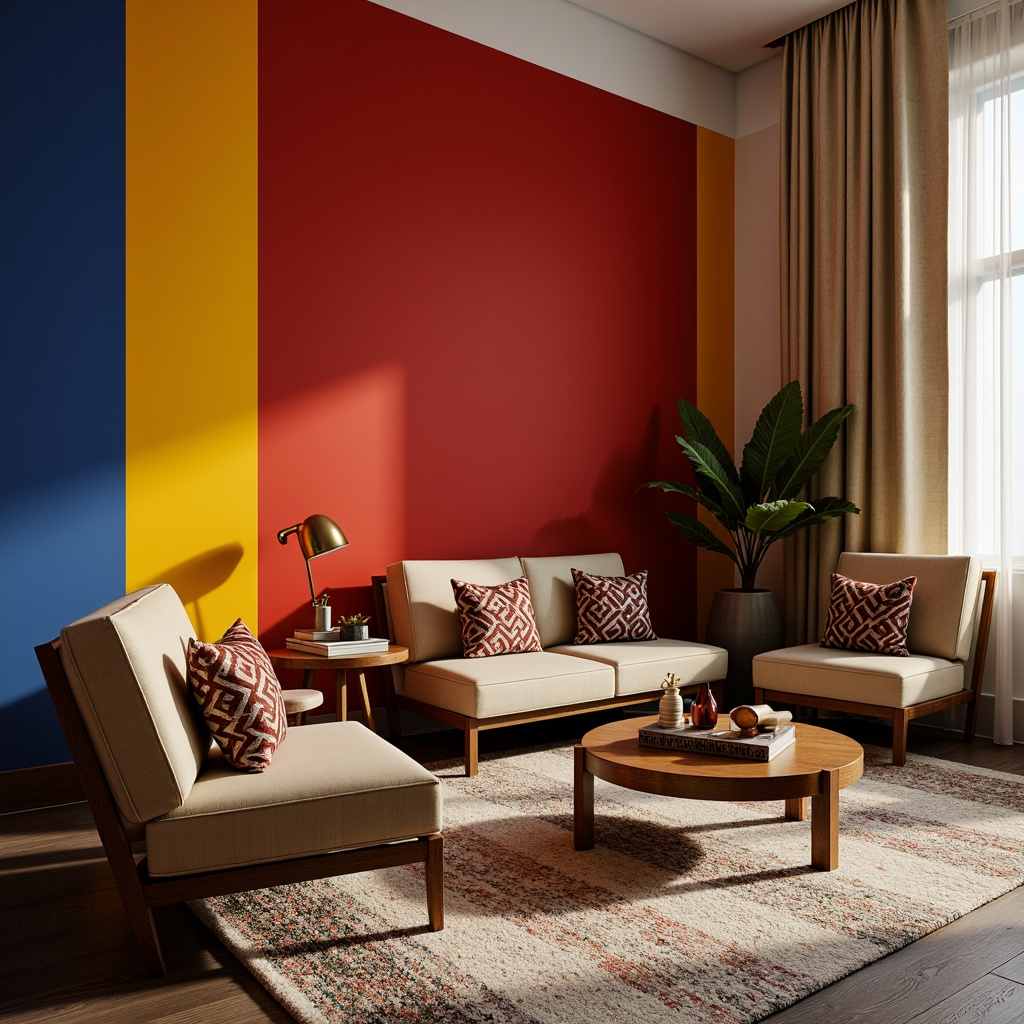 Prompt: Vibrant accent walls, bold color blocking, contrasting furniture upholstery, richly textured rugs, metallic decorative accents, modern minimalist decor, sleek low-profile seating, geometric patterned throw pillows, warm ambient lighting, soft focus blur, 1/2 composition, shallow depth of field, realistic material reflections.