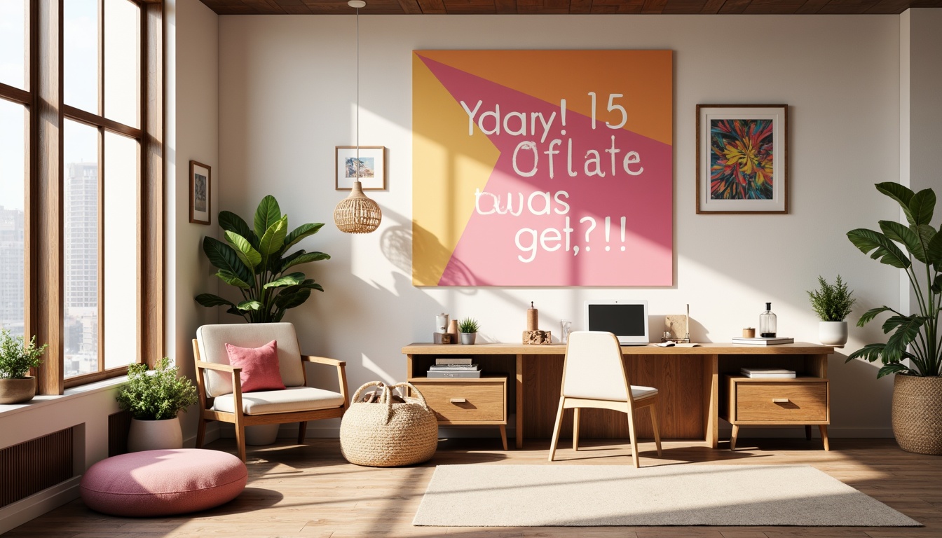 Prompt: Vibrant design studio, modern minimalist interior, sleek wooden desk, ergonomic chair, colorful artwork, inspirational quotes, natural light pouring in, large windows, urban cityscape view, warm beige walls, rich brown furniture, pastel pink accents, soft peach tones, creamy whites, bold typography, geometric patterns, abstract shapes, 3D visualizations, atmospheric lighting, shallow depth of field, 2/3 composition, realistic textures, ambient occlusion.