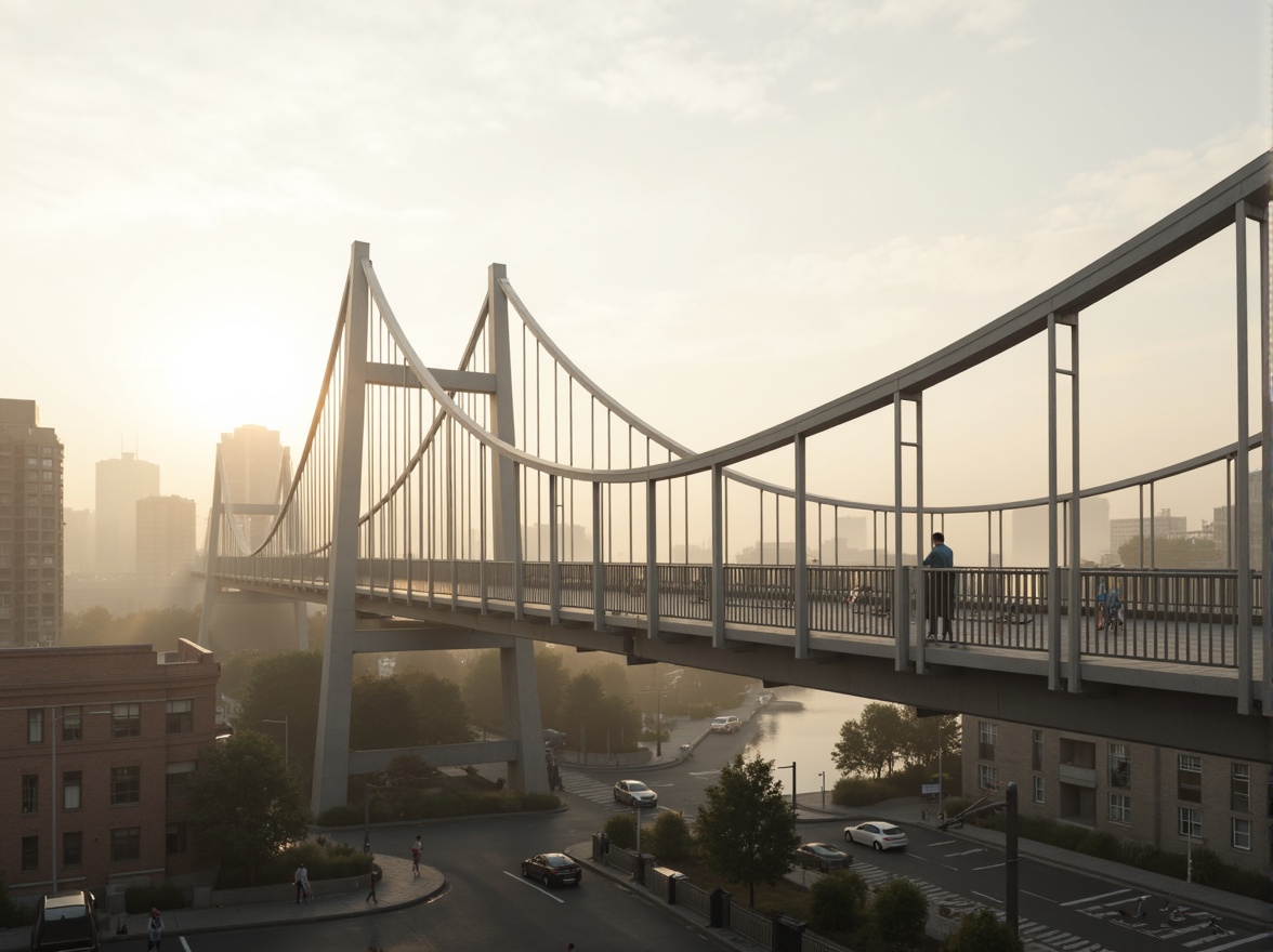 Prompt: Sleek suspension bridge, curved steel arches, sturdy pillars, modern urban landscape, misty morning atmosphere, soft warm lighting, shallow depth of field, 3/4 composition, panoramic view, realistic textures, ambient occlusion, pedestrian walkways, cyclist lanes, vehicular traffic flow, structural integrity, load-bearing capacity, wind resistance, seismic stability, innovative materials, sustainable construction methods, minimalist aesthetic, functional simplicity.