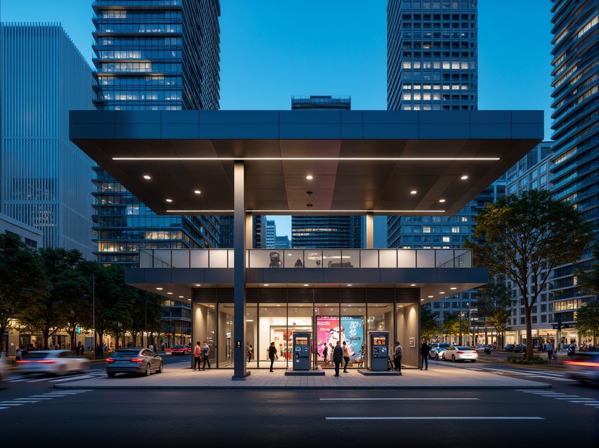 Prompt: Modern gas station, sleek metal fa\u00e7ade, reflective glass surfaces, angular lines, minimalist design, industrial chic aesthetic, concrete floors, steel beams, exposed ductwork, neon signage, LED lighting, futuristic ambiance, urban landscape, cityscape views, busy streets, asphalt roads, fuel pumps, stainless steel canopies, corrugated metal roofs, industrial materials, brutalist architecture, functional design, high-contrast color scheme, dramatic shadows, low-angle photography, cinematic composition.