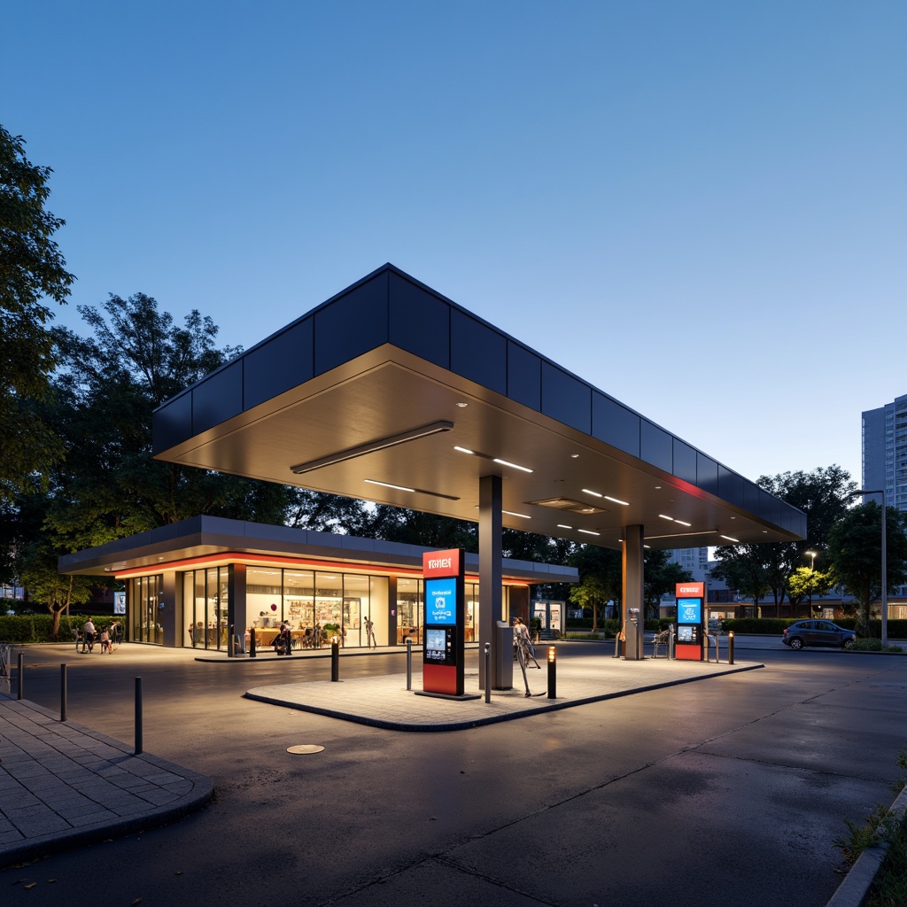 Prompt: Modern gas station, sleek metal canopy, LED lighting, futuristic fuel pumps, angular lines, minimalist design, spacious forecourt, asphalt pavement, urban landscape, busy street scene, morning sunlight, soft warm glow, shallow depth of field, 3/4 composition, panoramic view, realistic textures, ambient occlusion, convenient store entrance, large windows, glass doors, vibrant advertising signs, efficient customer flow, easy parking access, wheelchair accessibility, safety cameras, nighttime security lighting.