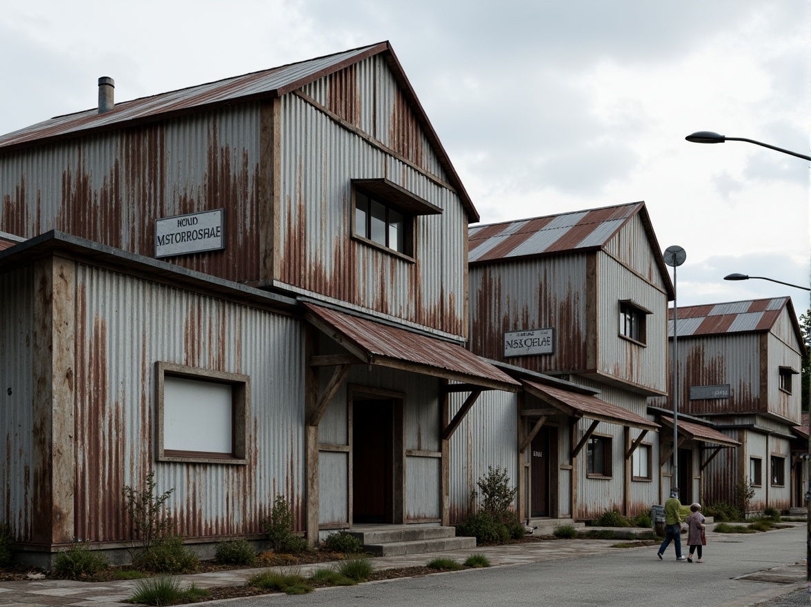 Prompt: Rustic industrial building, corrugated iron cladding, weathered metal surfaces, distressed finishes, rough concrete foundations, worn wooden accents, faded signage, neglected urban landscape, overcast sky, soft diffused lighting, shallow depth of field, 1/1 composition, realistic wear and tear, ambient occlusion.