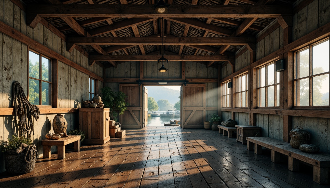 Prompt: Rustic boathouse, brutalist architecture, weathered wood accents, industrial metal beams, rough-hewn stone walls, nautical ropes, distressed wooden planks, faded naval blue, earthy brown, mossy green, rusty orange, warm golden lighting, misty morning atmosphere, shallow depth of field, 1/1 composition, realistic textures, ambient occlusion.