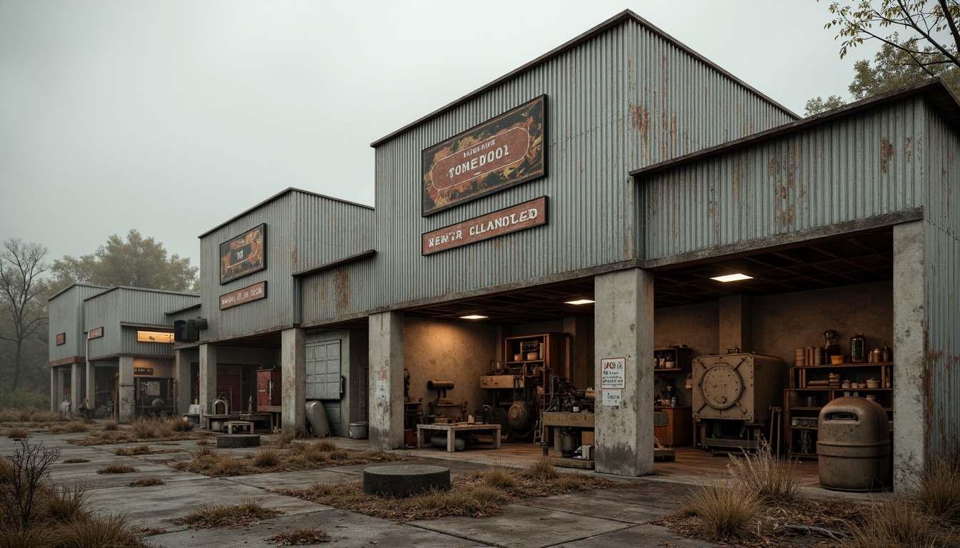 Prompt: Rustic industrial exterior, corrugated iron cladding, weathered metal surfaces, distressed finishes, rough concrete foundations, worn wooden accents, faded signage, vintage machinery, abandoned factory settings, overcast skies, soft misty atmosphere, warm golden lighting, shallow depth of field, 1/2 composition, realistic textures, ambient occlusion.