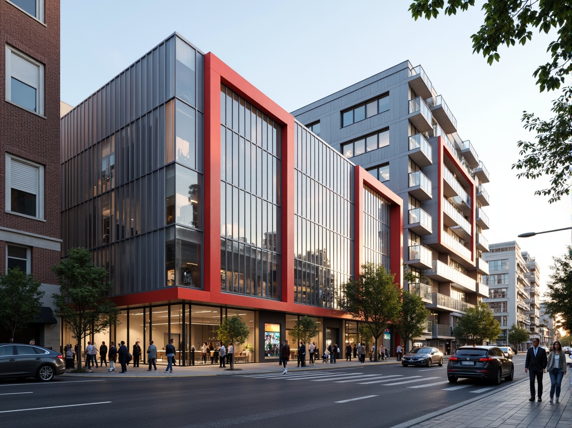 Prompt: Clean minimalist facades, rectangular forms, industrial materials, steel frames, large glass windows, functional simplicity, geometric shapes, primary color accents, bold typography, modernist architecture, urban cityscape, busy street scene, morning sunlight, soft shadows, shallow depth of field, 1/1 composition, realistic textures, ambient occlusion.