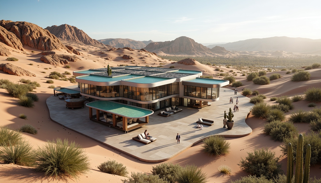 Prompt: Futuristic dwelling, curved lines, metallic fa\u00e7ade, solar panels, green roofs, eco-friendly materials, recycled glass walls, bamboo flooring, low-carbon footprint, minimalist interior, sleek furniture, ambient lighting, soft shadows, shallow depth of field, 1/1 composition, panoramic view, realistic textures, desert landscape, sandy dunes, cactus plants, hot sunny day, clear blue sky, vast open space.