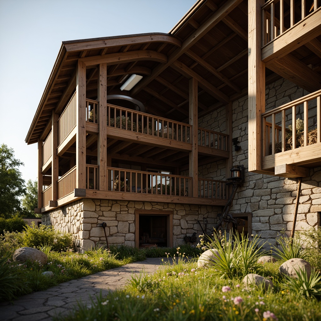 Prompt: Rustic barn, wooden beams, vintage farm tools, hayloft, natural stone walls, earthy color palette, curved rooflines, asymmetrical architecture, distressed wood textures, wildflower meadow, sunny afternoon, soft warm lighting, shallow depth of field, 1/1 composition, intimate close-up shots, realistic weathering effects, ambient occlusion.