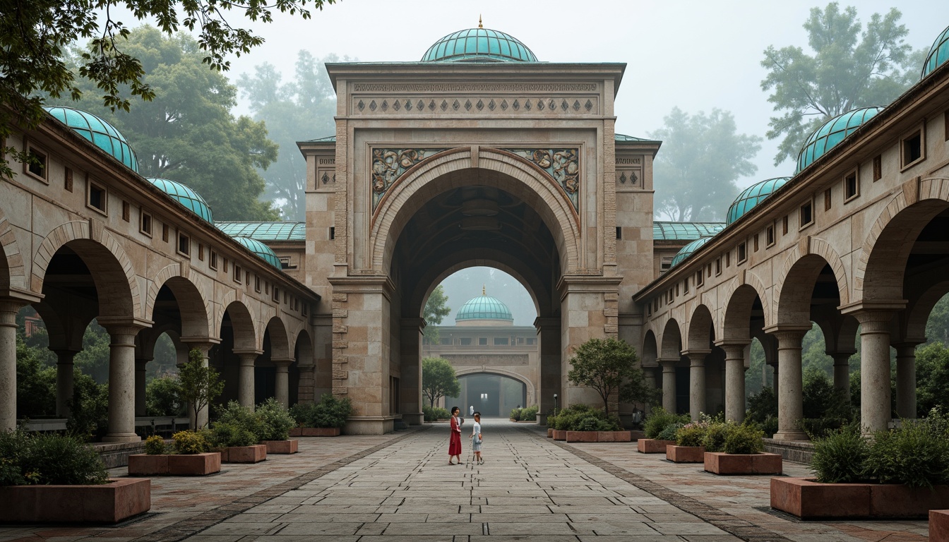 Prompt: Ancient Byzantine-inspired vehicular bridges, ornate arches, intricately carved stone facades, grandiose entrance gates, majestic pillars, vibrant turquoise domes, golden accents, rustic stonework, weathered copper roofs, mystical foggy atmosphere, soft warm lighting, shallow depth of field, 1/2 composition, symmetrical framing, realistic textures, ambient occlusion.