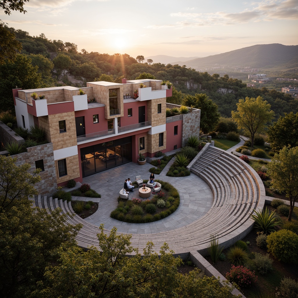 Prompt: Grand amphitheater, postmodern architecture, irregular shapes, fragmented forms, bold colors, eclectic materials, rugged stone walls, distressed wood accents, undulating terrain, lush greenery, meandering pathways, scenic overlooks, dramatic lighting, warm sunset glow, shallow depth of field, 1/2 composition, cinematic view, realistic textures, ambient occlusion.