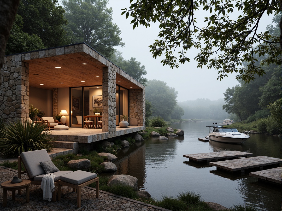 Prompt: Rustic boathouse, brutalist architecture, rugged stone walls, wooden accents, natural materials, earthy tones, waterfront location, serene lake views, surrounding foliage, overhanging trees, weathered wood docks, nautical elements, industrial chic decor, exposed ductwork, concrete floors, metal beams, floor-to-ceiling windows, soft warm lighting, misty morning atmosphere, shallow depth of field, 2/3 composition, realistic textures, ambient occlusion.