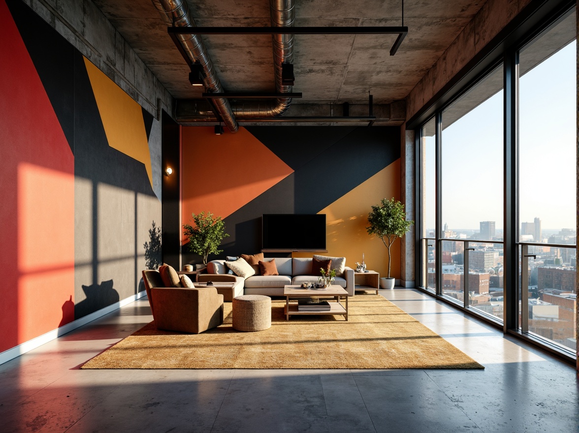 Prompt: Geometric apartment interior, constructivist style, bold color blocks, abstract patterns, industrial materials, exposed ductwork, metal beams, concrete floors, minimalist decor, functional furniture, open-plan living space, asymmetrical composition, dramatic lighting, high-contrast shadows, 1/1 aspect ratio, shallow depth of field, modern urban atmosphere, cityscape views, floor-to-ceiling windows, sliding glass doors.