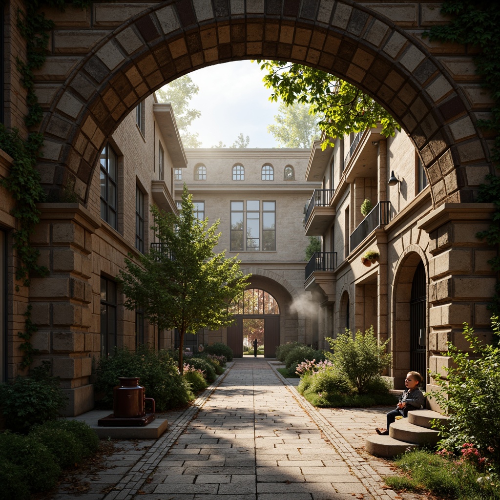 Prompt: Rustic stone walls, ornate metal gates, lush greenery, vintage machinery, copper pipes, distressed wood textures, classic brick buildings, grandiose columns, intricate stonework, warm golden lighting, soft misty atmosphere, shallow depth of field, 1/1 composition, symmetrical view, realistic wear and tear, ambient occlusion, nostalgic industrial feel, retro-futuristic elements, elegant typography, subtle steam effects.