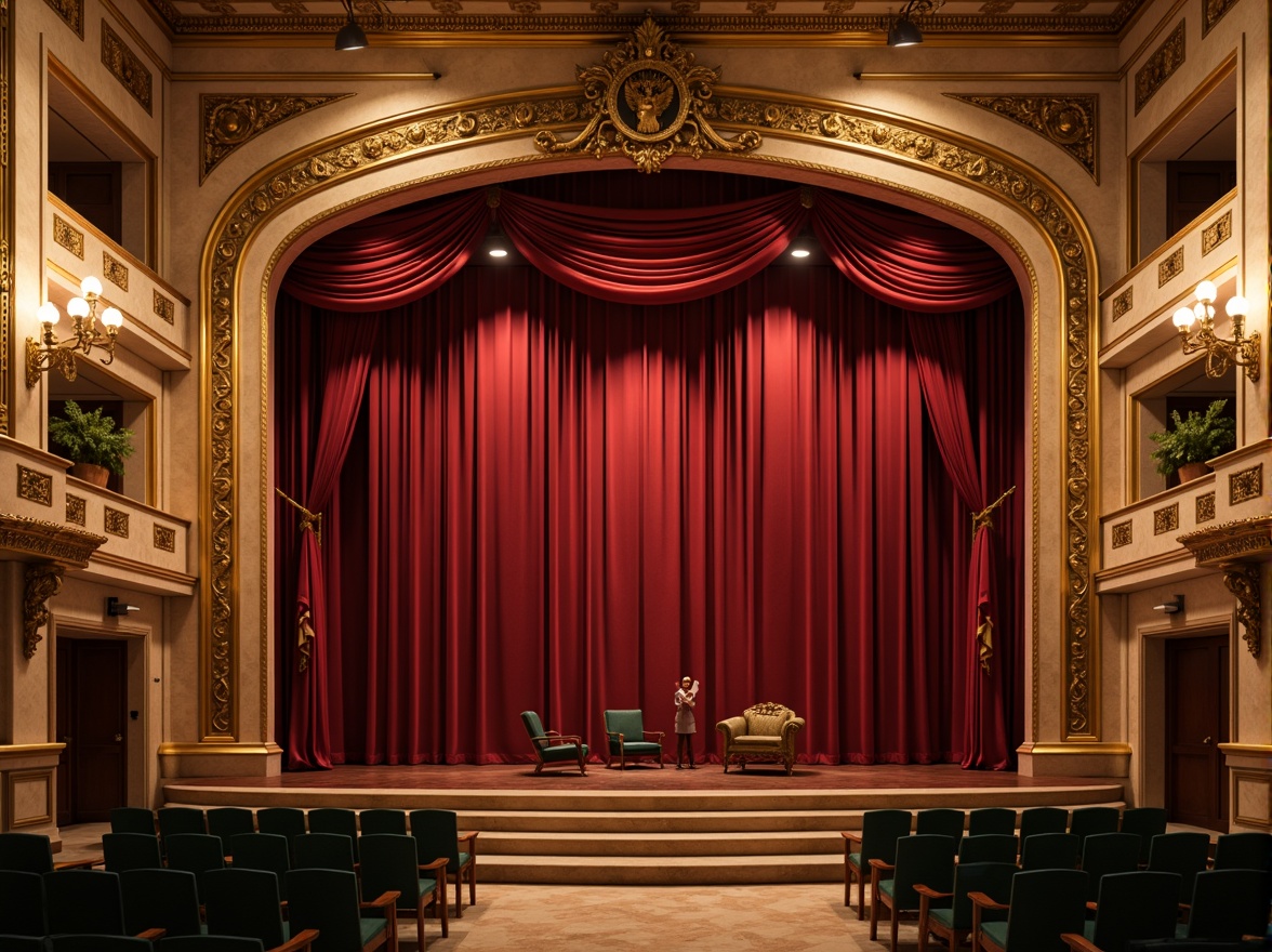 Prompt: Rich velvet curtains, ornate golden frames, soft warm lighting, majestic stage presence, neoclassical architectural details, cream-colored marble columns, intricate moldings, lavish chandeliers, crimson red accents, emerald green upholstery, luxurious silk fabrics, subtle sheen textures, dramatic spotlights, 3/4 composition, shallow depth of field, realistic reflections, ambient occlusion.