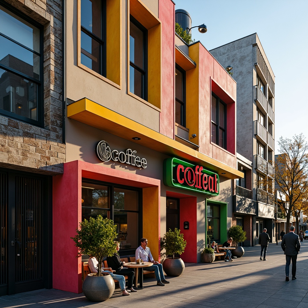 Prompt: Vibrant coffee shop facade, eclectic postmodern architecture, bold color blocking, irregular shapes, playful typography, neon signage, metal accents, reclaimed wood textures, industrial chic aesthetic, urban cityscape, bustling streets, morning sunlight, warm golden lighting, shallow depth of field, 1/1 composition, realistic materials, ambient occlusion.