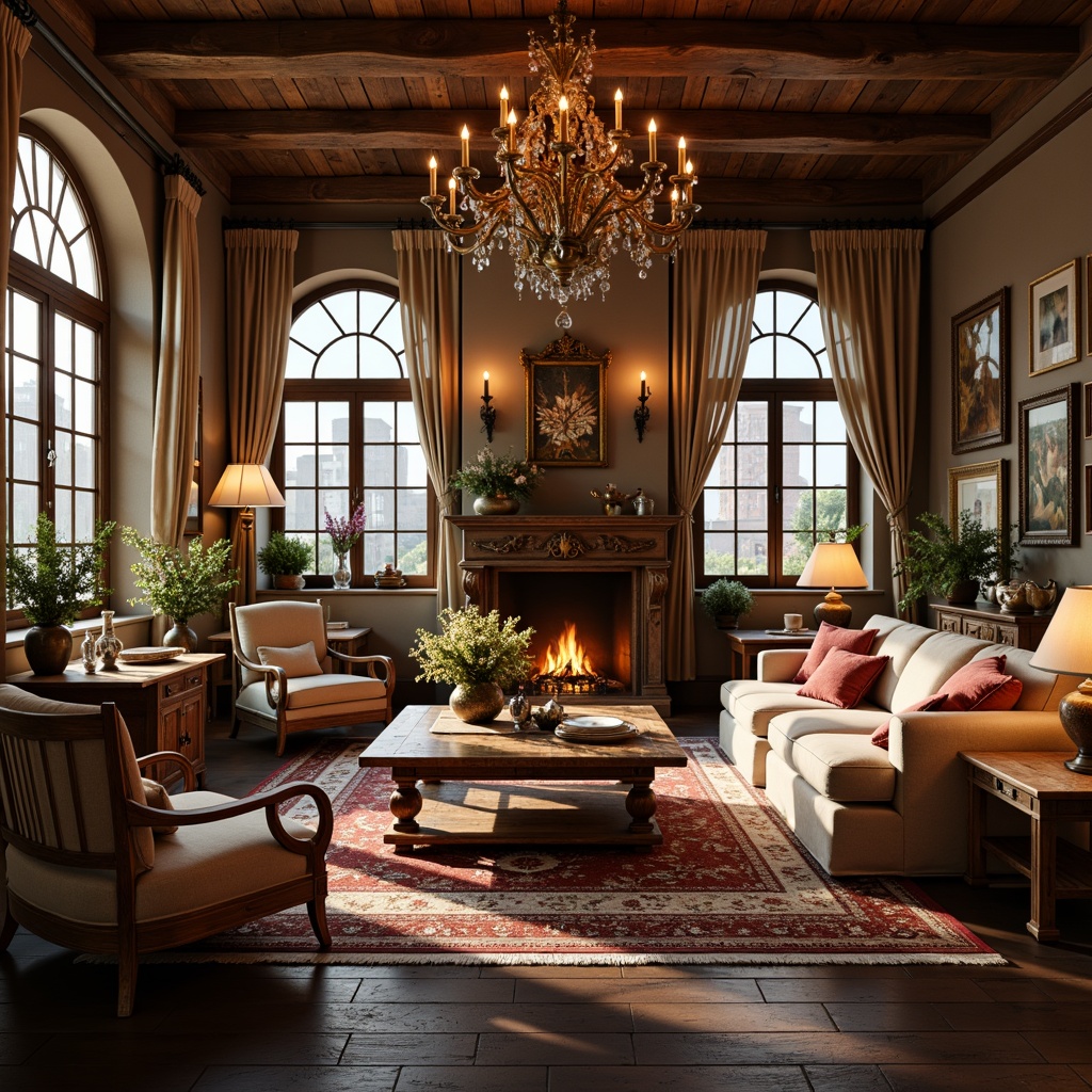 Prompt: Cozy living room, warm candlelight, rich velvet fabrics, ornate wooden furniture, intricate carvings, soft pastel colors, elegant chandeliers, plush area rugs, comfortable sofas, vintage decorative items, antique vases, fresh flower arrangements, large windows with drapery, natural stone fireplaces, rustic wooden beams, intimate ambiance, warm golden lighting, shallow depth of field, 1/1 composition, realistic textures, ambient occlusion.