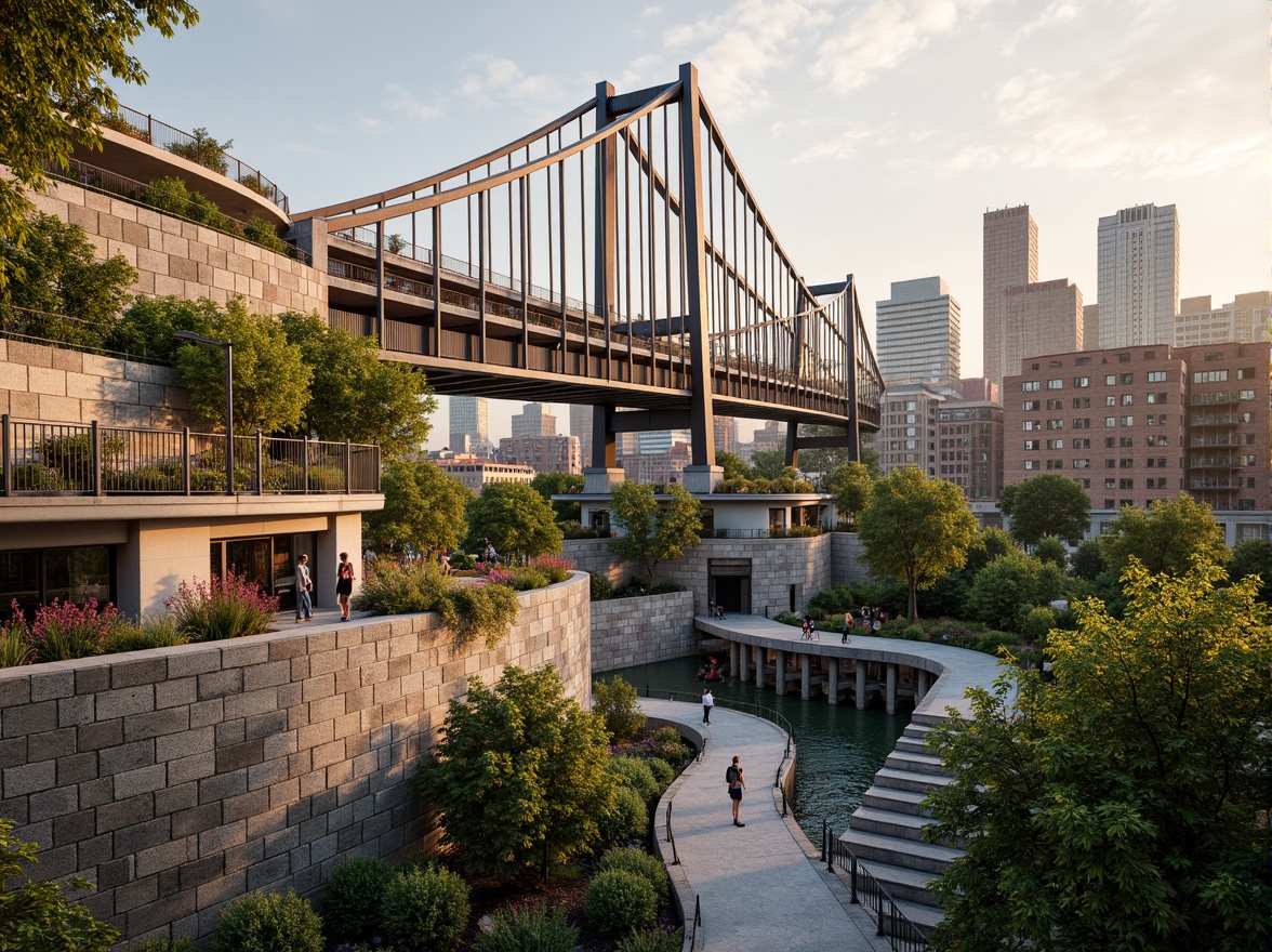 Prompt: Vibrant urban landscape, eclectic bridge design, steel arches, suspension cables, modern architecture, asymmetrical shapes, bold color schemes, dynamic lighting effects, pedestrian walkways, cycling paths, green roofs, integrated gardens, natural stone walls, water features, scenic overlooks, panoramic views, shallow depth of field, 1/2 composition, warm golden hour lighting, realistic textures, ambient occlusion.