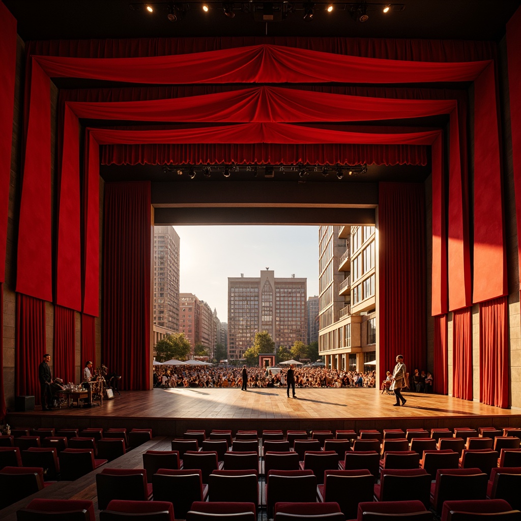 Prompt: Vibrant performing arts center, rich velvet curtains, bold red accents, warm golden lighting, polished wooden floors, sleek modern architecture, angular lines, dynamic shapes, urban cityscape, bustling streets, eclectic crowd, diverse cultural backgrounds, spotlights, stage equipment, musical instruments, dramatic shadows, high contrast ratio, 1/2 composition, cinematic mood, realistic textures, ambient occlusion.