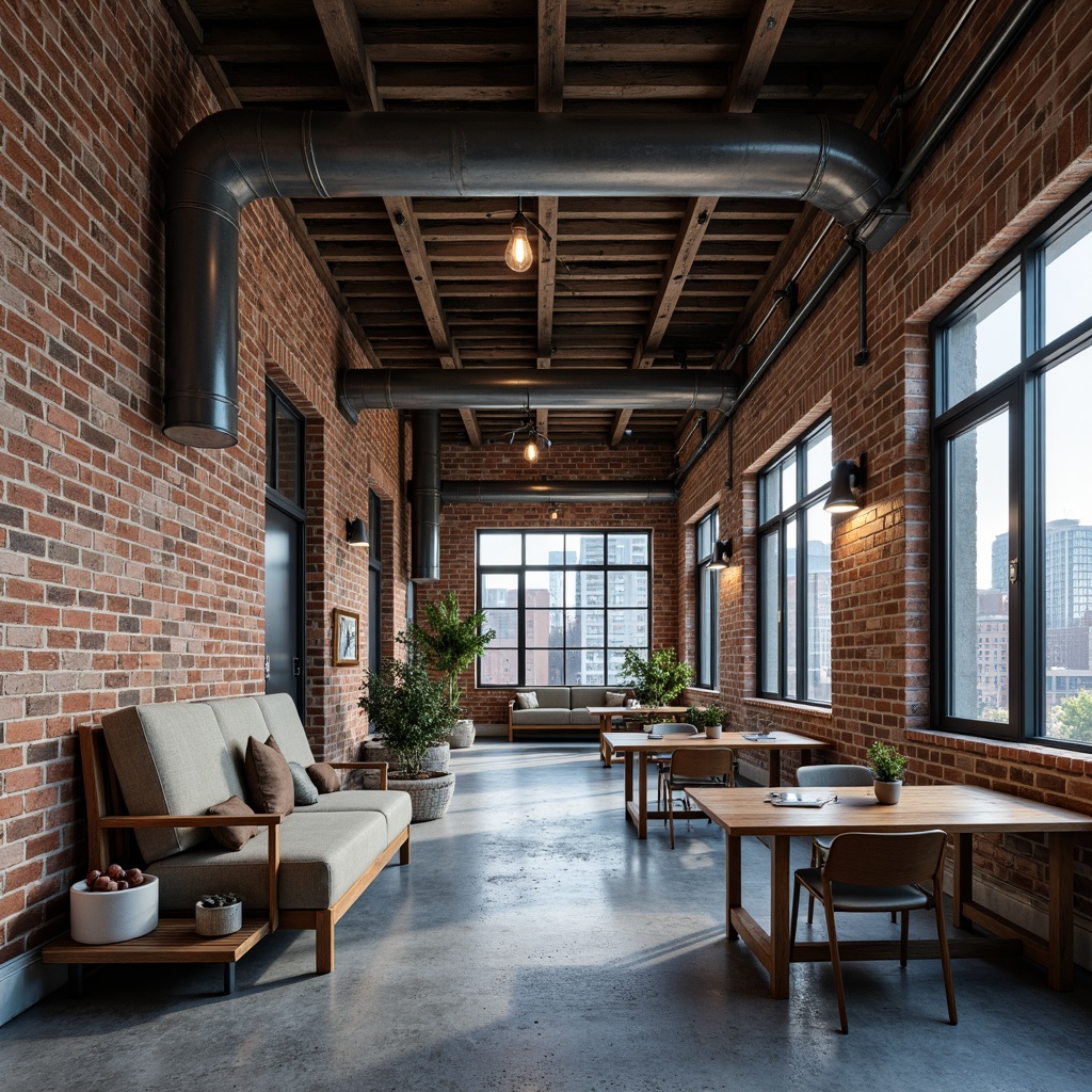 Prompt: Exposed brick walls, metal beams, industrial pipes, concrete floors, reclaimed wood accents, urban cityscape views, functional lighting fixtures, minimalist decor, neutral color scheme, weathered steel tones, distressed finishes, earthy brown hues, deep blue undertones, warm beige highlights, softbox lighting, shallow depth of field, 2/3 composition, realistic textures, ambient occlusion.