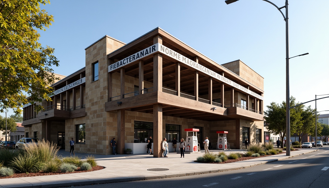 Prompt: Rustic gas station, industrial pipes, functionalist architecture, bold typography, primary color scheme, geometric shapes, minimalist design, natural stone walls, steel beams, large windows, cantilevered canopies, angular lines, modernist landscaping, native plants, gravel pathways, urban context, busy streets, morning sunlight, high contrast lighting, shallow depth of field, 2/3 composition, realistic textures, ambient occlusion.