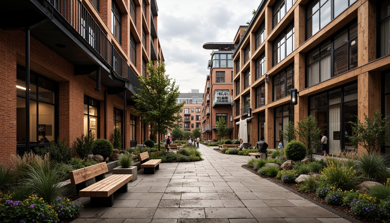 Prompt: Rustic warehouse district, industrial heritage, exposed brick facades, metal accents, reclaimed wood features, urban green spaces, native plant species, meandering walkways, weathered steel benches, distressed concrete textures, functional drainage systems, overhead crane tracks, vintage signage, warm atmospheric lighting, shallow depth of field, 2/3 composition, symmetrical framing, realistic material rendering.