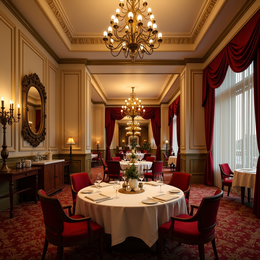 Prompt: Elegant dining hall, luxurious chandeliers, rich wood tones, warm beige walls, soft cream accents, velvety red upholstery, golden metal fixtures, ornate mirrors, lavish curtains, sophisticated ambiance, intimate seating areas, warm candlelight, shallow depth of field, 1/1 composition, realistic textures, ambient occlusion.