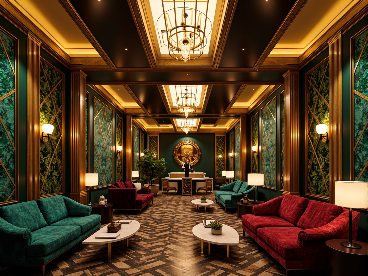 Prompt: Luxurious Art Deco interior, metallic accents, opulent gold leafing, rich jewel tones, emerald green, sapphire blue, ruby red, geometric patterns, chevron motifs, zigzag designs, ornate details, lavish furnishings, velvet textures, marble surfaces, glossy finishes, dramatic lighting, warm golden glow, high contrast colors, bold black outlines, vintage glamour, sophisticated ambiance.