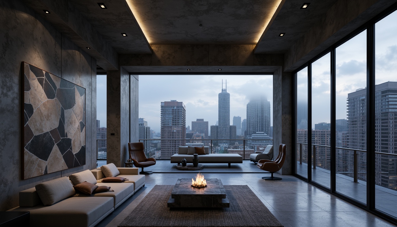 Prompt: Luxurious penthouse, constructivist architecture, geometric shapes, metallic materials, industrial chic, urban skyline views, floor-to-ceiling windows, sliding glass doors, minimalist interior design, monochromatic color scheme, sleek lines, modern art pieces, high-end furniture, marble flooring, concrete walls, exposed ductwork, cityscape panorama, dramatic nighttime lighting, cinematic composition, atmospheric fog effect.