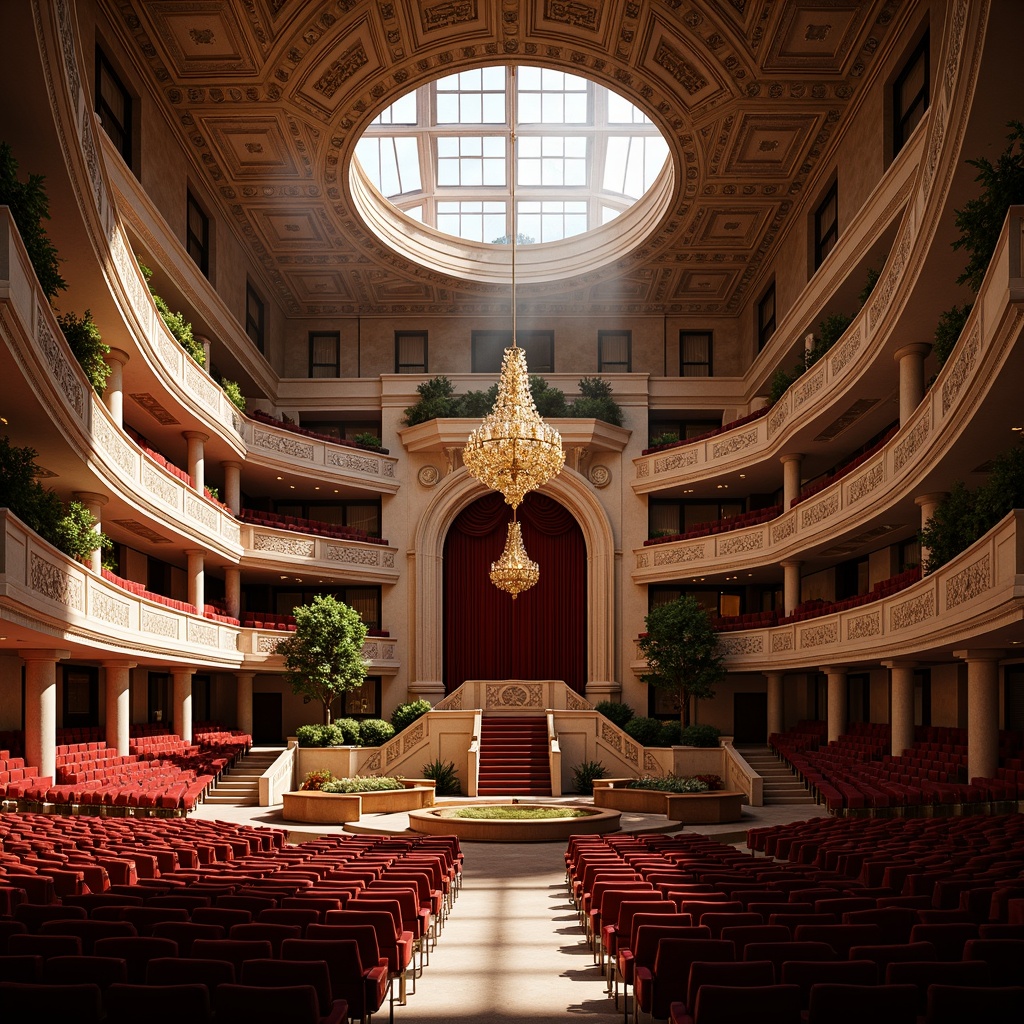 Prompt: Grand opera house, sweeping curves, ornate details, rich wood tones, velvet drapes, golden accents, majestic chandeliers, natural stone walls, grand staircase, intricate carvings, soft warm lighting, diffused sunlight, clerestory windows, high ceilings, dramatic shadows, 1/1 composition, symmetrical framing, realistic textures, ambient occlusion.