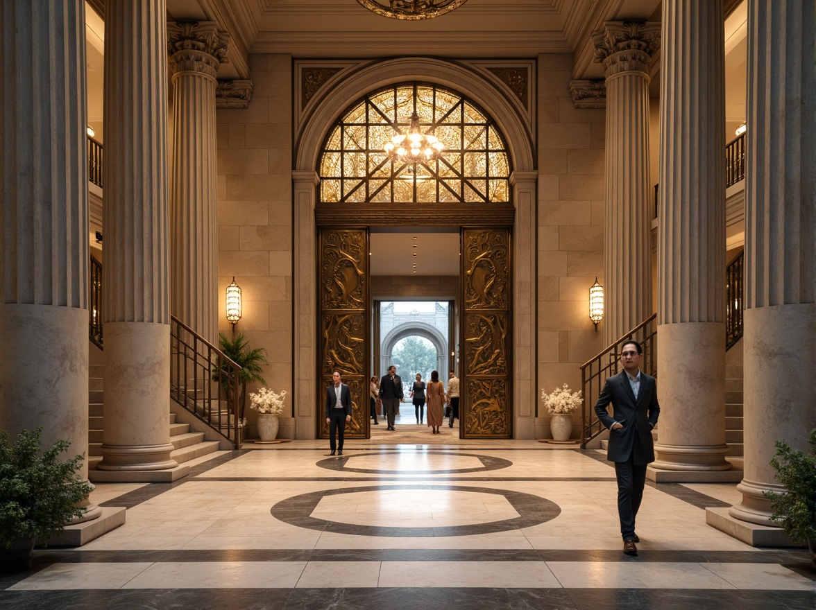 Prompt: Grandiose research center entrance, imposing stone columns, ornate bronze doors, symmetrical facade, elegant archways, intricate carvings, majestic staircases, luxurious marble floors, high ceilings, crystal chandeliers, soft warm lighting, shallow depth of field, 3/4 composition, panoramic view, realistic textures, ambient occlusion, classical Greek-inspired motifs, subtle color palette, harmonious proportions.