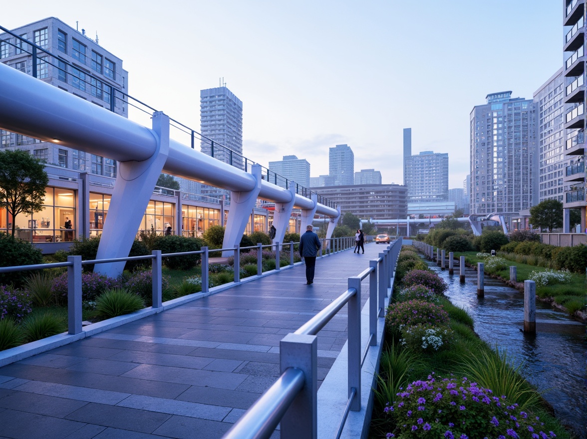 Prompt: Lavender blue pedestrian bridge, sleek modern architecture, curved lines, stainless steel railings, glass floors, transparent canopies, soft warm lighting, misty morning atmosphere, serene urban landscape, vibrant city skyline, lush greenery, blooming flowers, natural stone piers, gentle water flow, shallow depth of field, 1/2 composition, realistic textures, ambient occlusion.