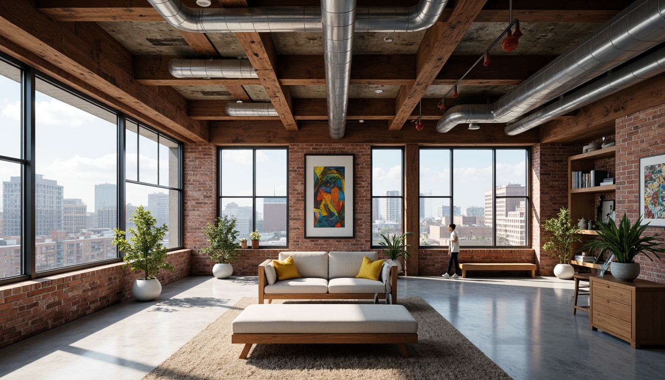 Prompt: Exposed ductwork, industrial pipes, reclaimed wood accents, metal beams, concrete floors, brick walls, large windows, skylights, open floor plans, minimalist decor, functional spaces, eclectic furniture, vintage decorative items, bold color schemes, abstract artwork, urban cityscape views, natural light pouring in, high ceilings, airy atmosphere, 3/4 composition, shallow depth of field, realistic textures, ambient occlusion.