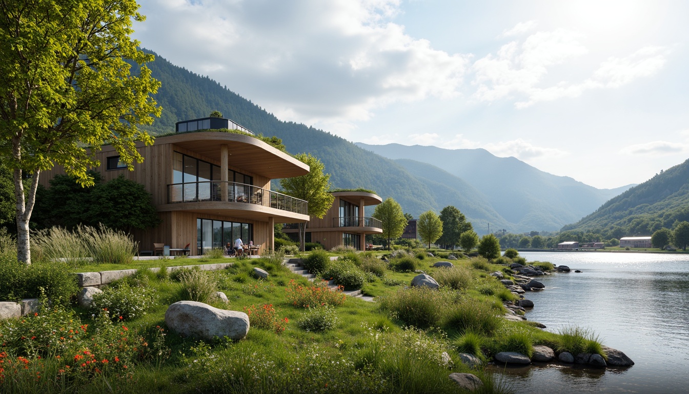 Prompt: Eco-friendly buildings, green roofs, solar panels, wind turbines, water conservation systems, sustainable materials, organic curves, natural stone walls, lush vegetation, serene lakeside, misty mountains, vibrant wildflowers, warm sunny day, soft diffused lighting, shallow depth of field, 3/4 composition, panoramic view, realistic textures, ambient occlusion.